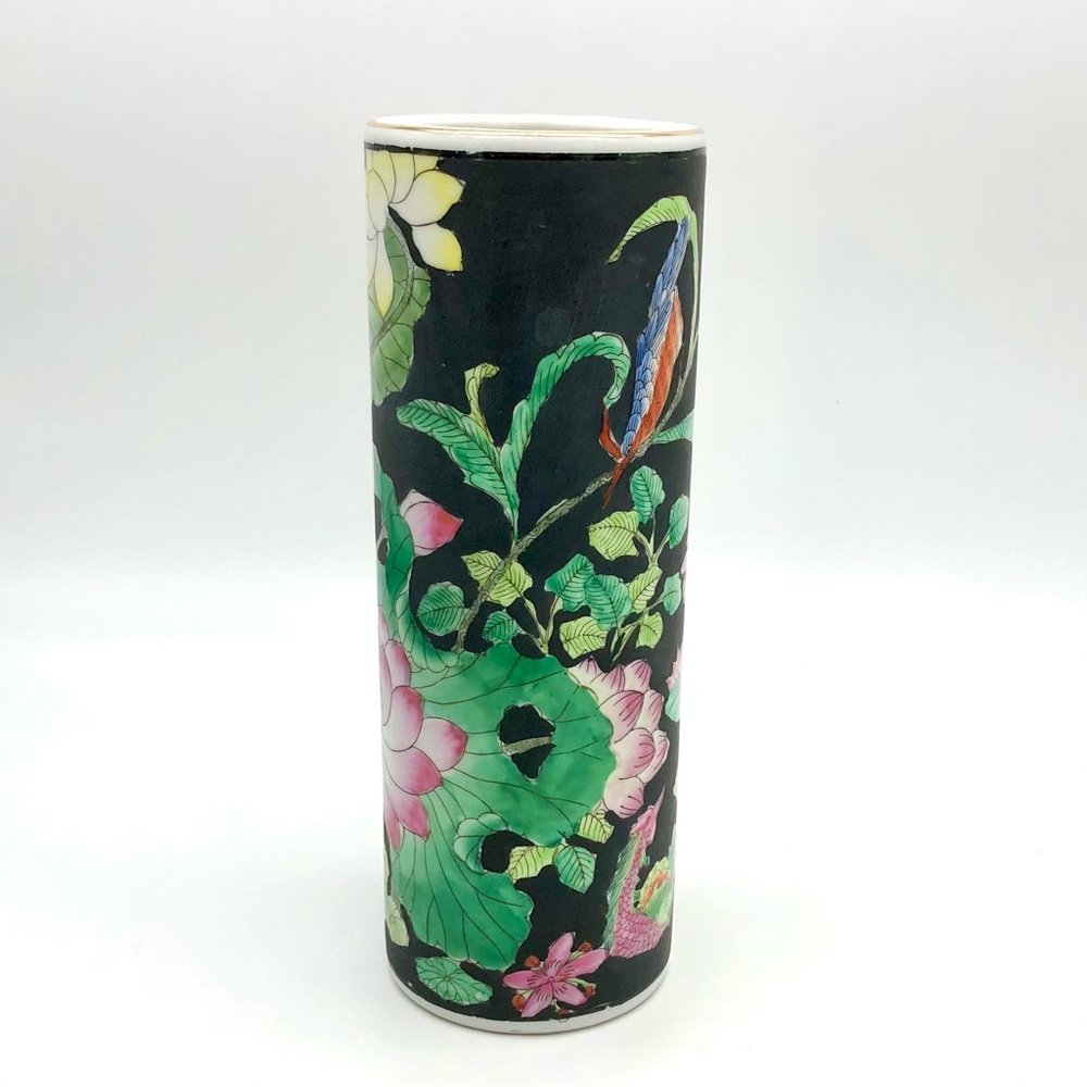 Chinese Porcelain Vase Hat Stand Famille Noire Floral Bird Lotus Qianlong Mark - Picture 4 of 13